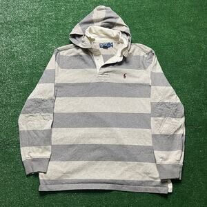Polo Ralph Lauren Men L Gray Striped Elbow Patch Rugby Hoodie Collar Vintage 90s